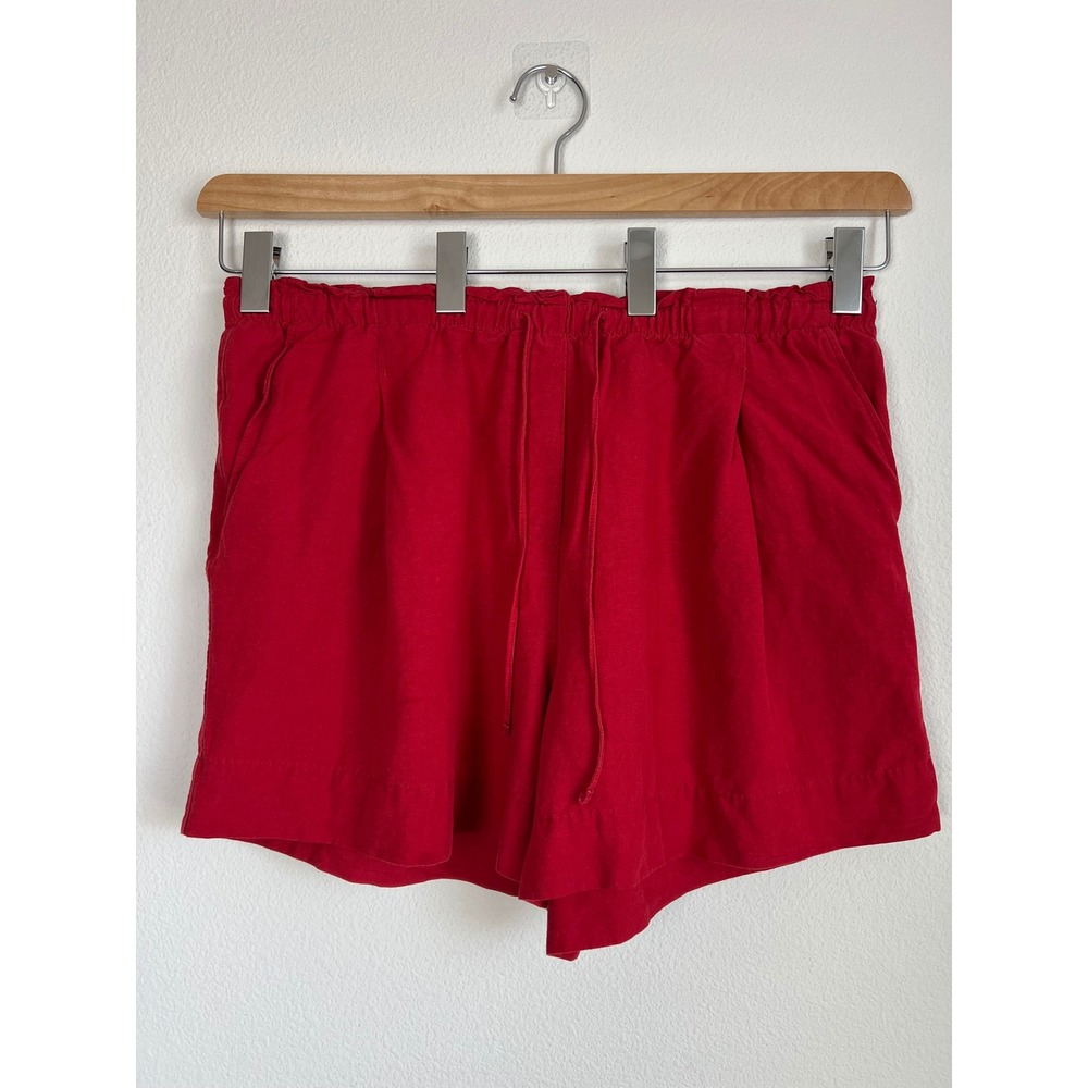 H&M Red Linen Blend Shorts Womens Sz L Pull On Casual Summer Boho Beach Vacation